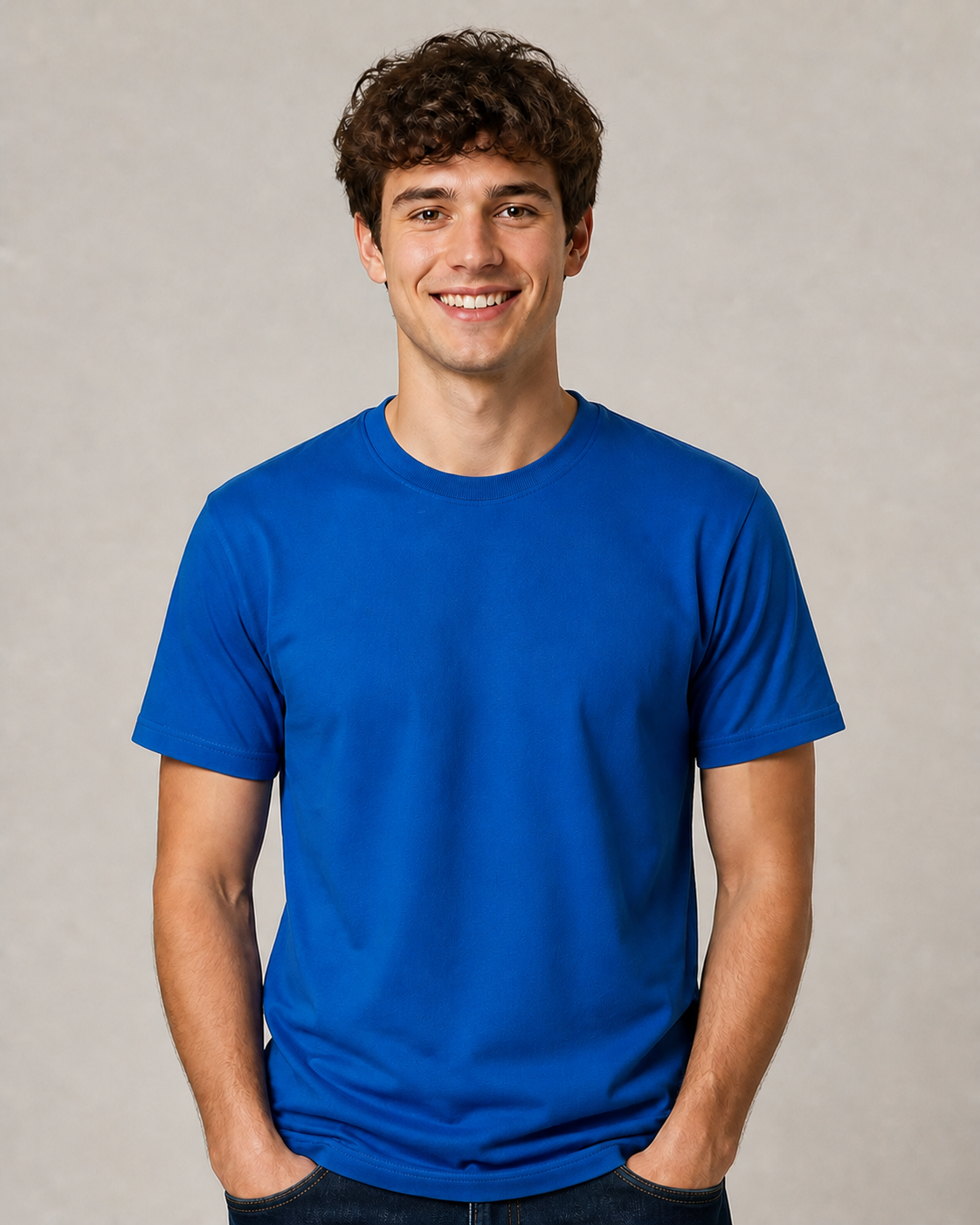 After: plain blue T-shirt after logo removal