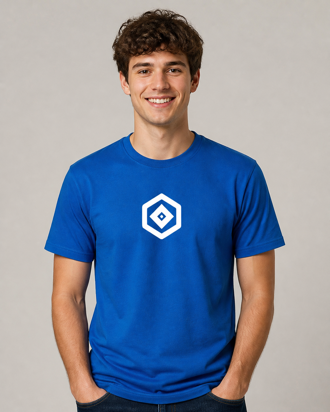 Before: blue T-shirt with a white logo